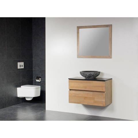 Saniclass Natural Wood Meuble salle de bain avec miroir 80cm suspendu Grey Oak avec vasque à poser en pierre naturelle SW17572