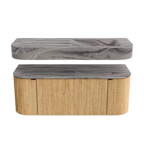 MONDIAZ THOR-DLUX 120cm badmeubel ronding links + rechts kleur Oak met 1 lade en 2 deuren. Vrijhangende wastafel CLOUD Rechts zonder kraangat kleur Sombra. SW1463649