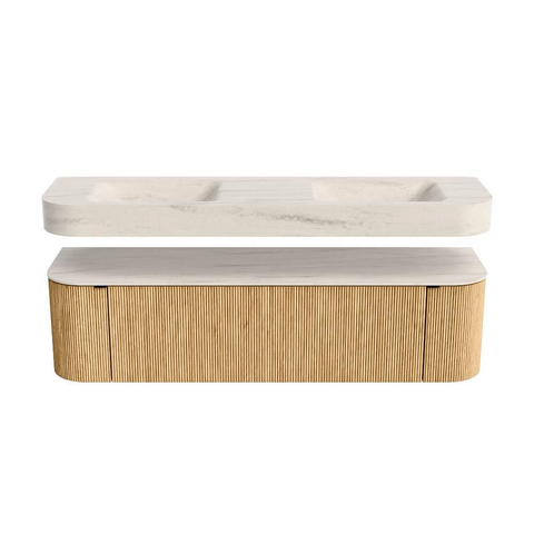 MONDIAZ THOR-DLUX Meuble de salle de bains - 170cm - arrondi gauche + droite - couleur Oak - 1 tiroir - 2 portes - Vasque suspendue CLOUD Double 2 trous de robinet - couleur Meli SW1465739