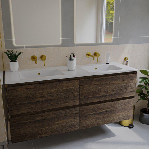 Saniclass Holz Pure Meuble de salle de bain - 140x45x60cm - lavabo en céramique blanc - 2 vasques - 2 trous de robinet - 4 tiroirs - Charcoal SW1438629