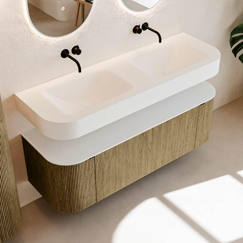 MONDIAZ THOR 140cm meuble de salle de bains arrondi gauche + droite couleur Dusk avec 1 tiroir et 2 portes. Vasque suspendue CLOUD Double sans trou de robinet couleur Talc. SW1464118