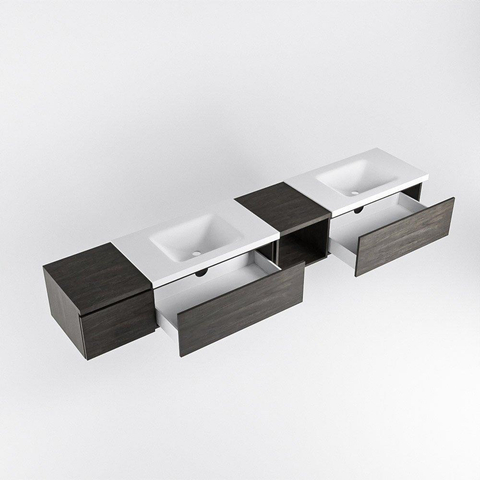 MONDIAZ BUKLA 240cm ensemble de meuble avec module ouvert 40 à droite couleur Marron Foncé avec 3 tiroirs. Lavabo CLOUD double 0 trou de robinet couleur Talc. SW1382240