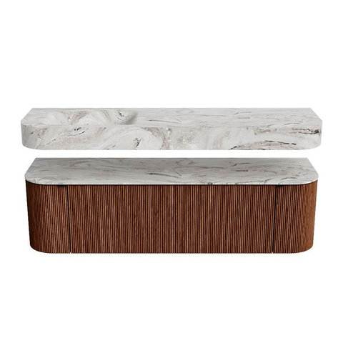 MONDIAZ THOR-DLUX 160cm meuble de salle de bains arrondi gauche + droite couleur Ruby avec 1 tiroir et 2 portes. Vasque suspendue CLOUD Gauche 1 trou de robinet couleur Glace. SW1465201
