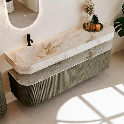 MONDIAZ THOR-DLUX 170cm meuble de salle de bains arrondi gauche + droite couleur Shadow avec 1 tiroir et 2 portes. Vasque suspendue CLOUD Gauche 1 trou de robinet couleur Frappe. SW1465543