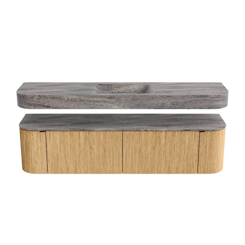 MONDIAZ THOR-DLUX 180cm badmeubel ronding links + rechts kleur Oak met 2 lades en 2 deuren. Vrijhangende wastafel CLOUD Midden zonder kraangat kleur Oza. SW1466283