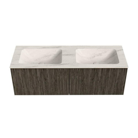MONDIAZ KURVE-DLUX Meuble de salle de bains 130cm couleur Shadow avec 2 tiroirs et 0 portes. Lavabo LEAF Double 2 trous de robinet Meli. SW1431815