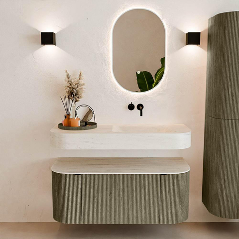 MONDIAZ THOR-DLUX 110cm meuble de salle de bains arrondi gauche + droite couleur Shadow avec 1 tiroir et 2 portes. Vasque suspendue CLOUD Droite sans trou de robinet couleur Meli. SW1462907
