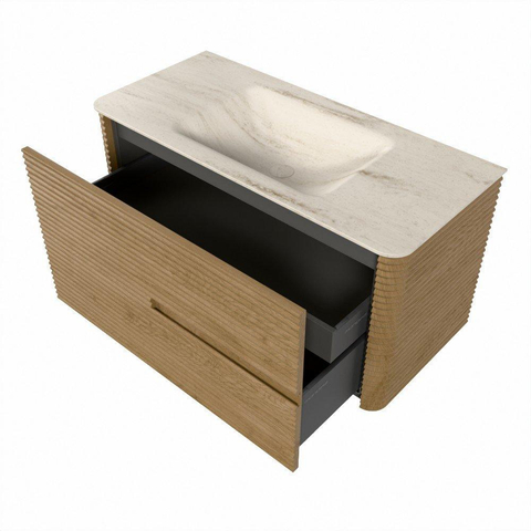 Mondiaz CIRO-DLUX Badkamermeubelset - 100x45x50cm - Solid surface wastafel Meli - 1 wasbak Midden - zonder kraangaten - 2 lades - Oak SW1531378