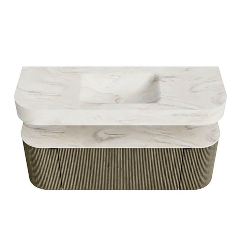 MONDIAZ THOR-DLUX 130cm meuble de salle de bains arrondi gauche + droite couleur Shadow avec 1 tiroir et 2 portes. Vasque suspendue CLOUD Milieu sans trou de robinet couleur Ostra. SW1463767