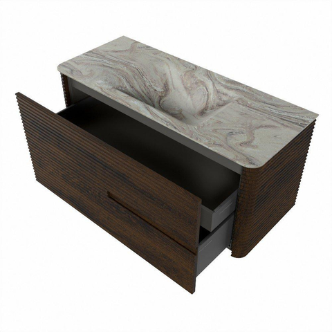 Mondiaz CIRO-DLUX Badkamermeubelset - 110x45x50cm - Solid surface wastafel Glace - 1 wasbak Midden - 1 kraangat - 2 lades - Walnut SW1530229