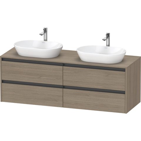 Duravit Ketho.2 Wastafelonderbouwkast - inclusief consoleplaat - met 4 laden - voor dubbele waskommen - 160x55x56.8cm - met handgrepen antraciet - eiken terra mat SW772057