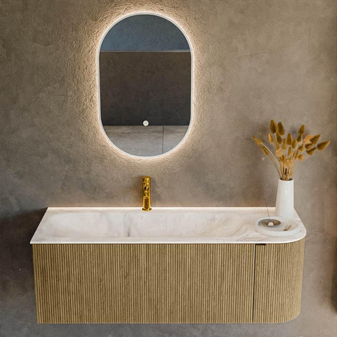 Mondiaz KURVE-DLUX Ensemble de meuble de salle de bains - 125x46x40cm - 1 tiroir - 1 porte - lavabo solid surface - gauche - 1 trou de robinet - Dusk SW1414994