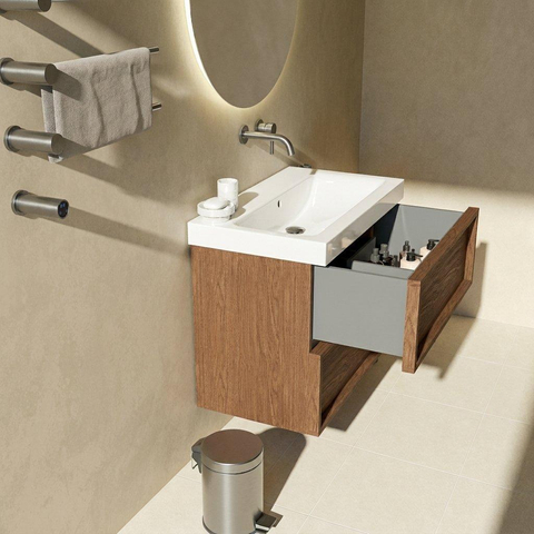 Saniclass Holz Frame Badkamermeubelset - 80x45x67.5cm - Wave keramische wastafel - 1 wasbak - zonder kraangat - 2 lades - mat walnut pure (hout) SW1579755