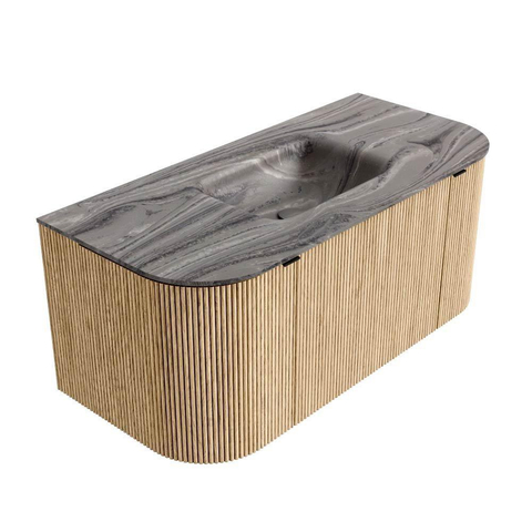 MONDIAZ KURVE-DLUX 100cm badmeubel ronding Links + Rechts kleur Oak met 1 lade en 2 deuren. Wastafel GRUNNE Midden zonder kraangat Sombra. SW1433530