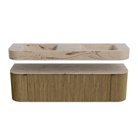 MONDIAZ THOR-DLUX 160cm meuble de salle de bains arrondi gauche + droite couleur Dusk avec 1 tiroir et 2 portes. Vasque suspendue CLOUD Double 2 trous de robinet couleur Arena. SW1465139
