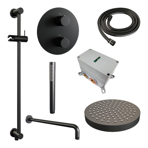 BRAUER Stripe Thermostatische Inbouw Regendouche - 3-weg - rond - SET 44 - 25cm douchekop - gebogen muurarm - staaf handdouche - doucheslang - geïntegreerde glijstang - mat zwart SW1435171
