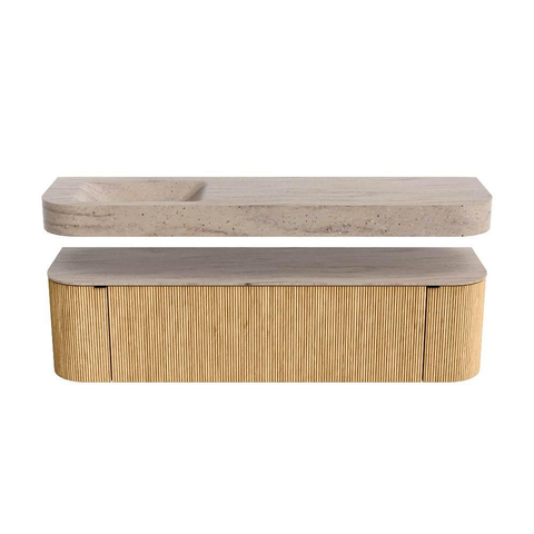 MONDIAZ THOR-DLUX 170cm badmeubel ronding links + rechts kleur Oak met 1 lade en 2 deuren. Vrijhangende wastafel CLOUD Links zonder kraangat kleur Saba. SW1465690