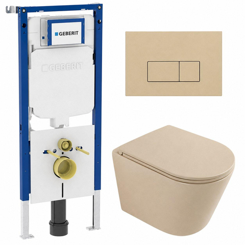 QeramiQ Dely Ensemble WC - 36,3x51,7cm - cuvette à fond creux - sans bride - réservoir encastré Geberit UP720 - abattant WC à fermeture amortie - plaque de commande beige - boutons rectangulaires - beige mat SW1426544