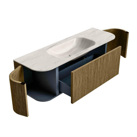 MONDIAZ KURVE-DLUX Meuble de salle de bains 140cm arrondi Gauche + Droite couleur Dusk avec 1 tiroir et 2 portes. Lavabo BIG SMALL Central 1 trou de robinet Meli. SW1431901