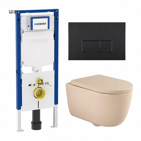 QeramiQ Dely Swirl Toiletset - 36.3x51.7cm - Geberit UP720 Duofix Sigma inbouwreservoir - 35mm zitting - mat zwarte bedieningsplaat - rechthoekige knoppen - mat beige SW1414004