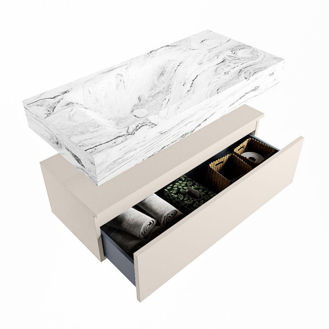 Mondiaz ALAN-DLUX Ensemble de meuble - 100cm - meuble Linen mat - 1 tiroir - Lavabo Cloud Glace suspendu - vasque Gauche - 1 trou de robinet SW805937