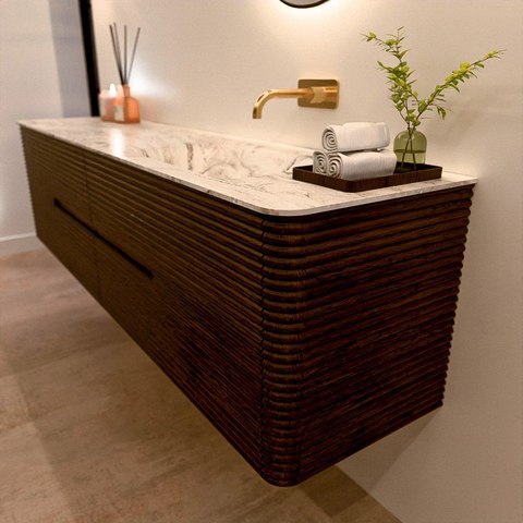 Mondiaz CIRO-DLUX Meuble de salle de bains - 190x45x50cm - plan-vasque en Solid surface Glace - 1 lavabo à droite - sans trous de robinetterie - 4 tiroirs - Noyer SW1530129
