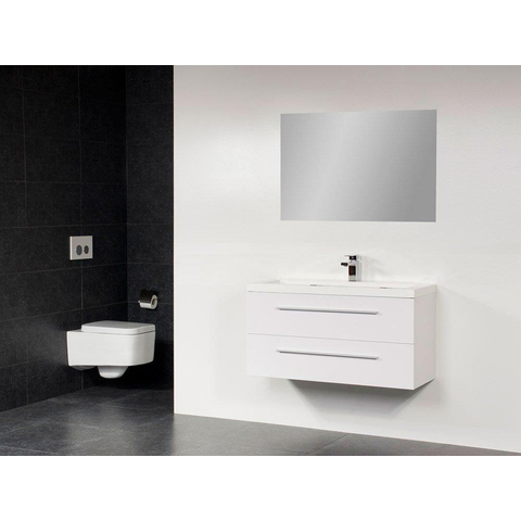 Saniclass XXS Meuble salle de bain avec miroir 100cm polybéton 1 trou pour robinetterie Blanc SW18173