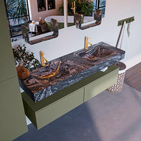 Mondiaz ALAN-DLUX Ensemble de meuble - 150cm - meuble Army mat - 2 tiroirs - Lavabo Cloud Lava suspendu - vasque Gauche et droite - 2 trous de robinet SW808410