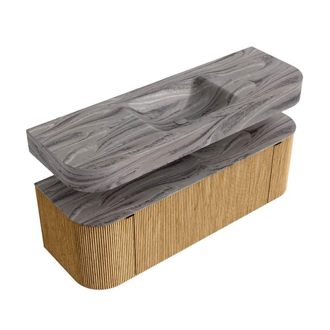 MONDIAZ THOR-DLUX 140cm meuble de salle de bains arrondi gauche + droite couleur Oak avec 1 tiroir et 2 portes. Vasque suspendue CLOUD Milieu sans trou de robinet couleur Sombra. SW1464359