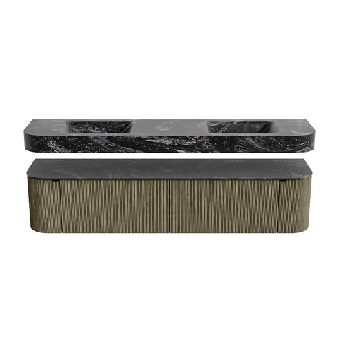MONDIAZ THOR-DLUX 200cm meuble de salle de bains arrondi gauche + droite couleur Shadow avec 2 tiroirs et 2 portes. Vasque suspendue CLOUD Double sans trou de robinet couleur Lava. SW1467039