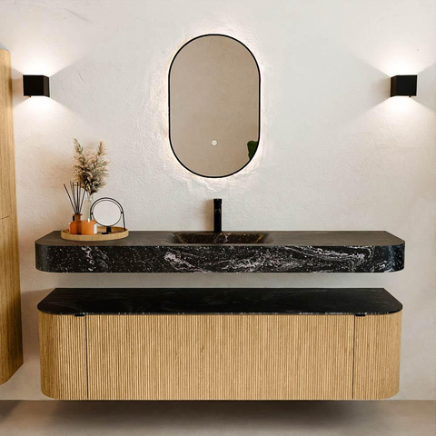 MONDIAZ THOR-DLUX 170cm meuble de salle de bains arrondi gauche + droite couleur Oak avec 1 tiroir et 2 portes. Vasque suspendue CLOUD Milieu 1 trou de robinet couleur Lava. SW1465428