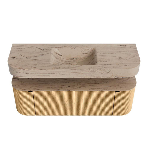MONDIAZ THOR-DLUX 140cm meuble de salle de bains arrondi gauche + droite couleur Oak avec 1 tiroir et 2 portes. Vasque suspendue CLOUD Milieu 1 trou de robinet couleur Arena. SW1464469