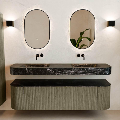 MONDIAZ THOR-DLUX Meuble de salle de bains 170cm arrondi gauche + droite couleur Shadow avec 1 tiroir et 2 portes. Vasque suspendue CLOUD Double sans trou de robinet couleur Lava. SW1465539