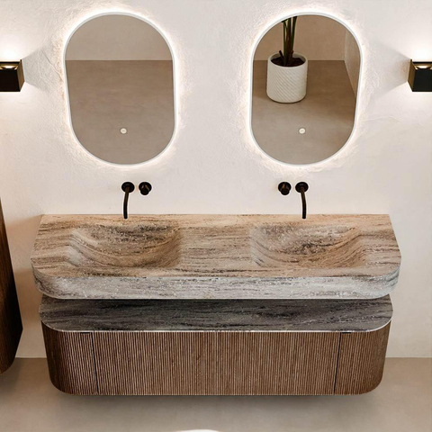 MONDIAZ THOR-DLUX Meuble de salle de bains - 160cm - arrondi gauche + droite - couleur Walnut - 1 tiroir et 2 portes - Vasque suspendue CLOUD Double sans trou de robinet - couleur Oza SW1465298