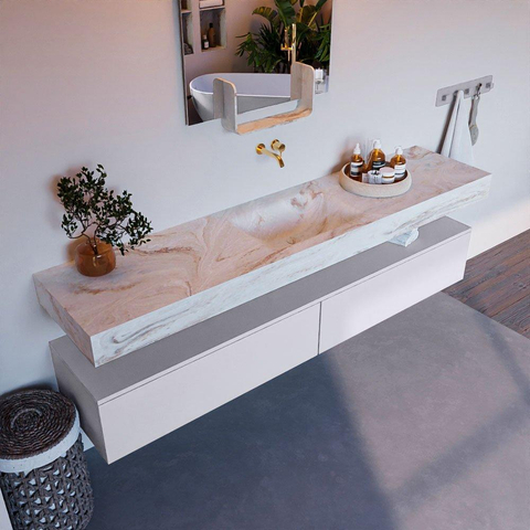 Mondiaz ALAN-DLUX Ensemble de meuble - 200cm - meuble Cale mat - 2 tiroirs - Lavabo Cloud Frappe suspendu - vasque Centre - 0 trous de robinet SW804905