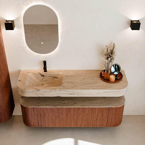 MONDIAZ THOR-DLUX 150cm meuble de salle de bains arrondi gauche + droite couleur Ruby avec 1 tiroir et 2 portes. Vasque suspendue CLOUD Gauche 1 trou de robinet couleur Arena. SW1464743