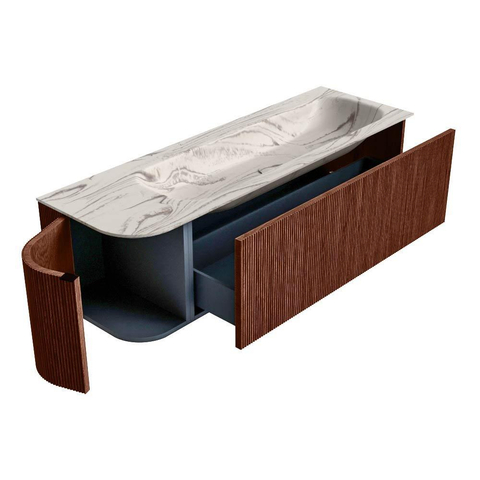 MONDIAZ KURVE-DLUX meuble de salle de bains 145cm arrondi à gauche couleur Ruby avec 1 tiroir et 1 porte. Vasque BIG LARGE à droite sans trou de robinet Nata. SW1432584