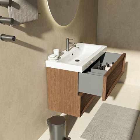 Saniclass Holz Frame Badkamermeubelset - 100x45x67.5cm - Wave keramische wastafel - 1 wasbak - 1 kraangat - 2 lades - mat walnut pure (hout) SW1579766