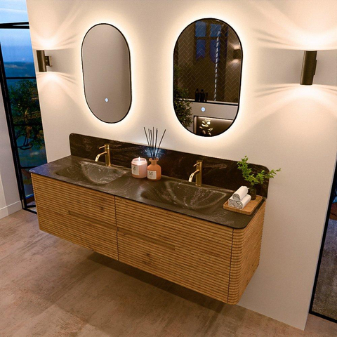 Mondiaz CIRO-DLUX Badkamermeubelset - 170x45x50cm - Solid surface wastafel Lava - 2 wasbak Dubbel - 2 kraangaten - 4 lades - Oak SW1530998