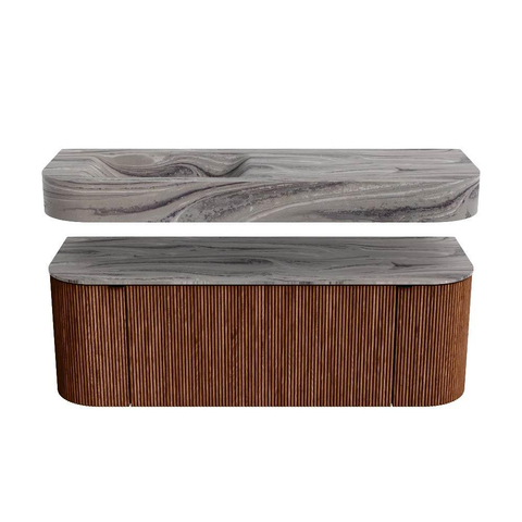 MONDIAZ THOR-DLUX 130cm badmeubel ronding links + rechts kleur Ruby met 1 lade en 2 deuren. Vrijhangende wastafel CLOUD Links zonder kraangat kleur Sombra. SW1464084