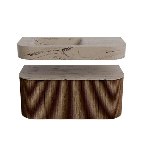 MONDIAZ THOR-DLUX Meuble de salle de bains - 100cm - arrondi gauche + droite - couleur Walnut - 1 tiroir et 2 portes - Vasque suspendue CLOUD Gauche sans trou de robinet - couleur Arena SW1467446