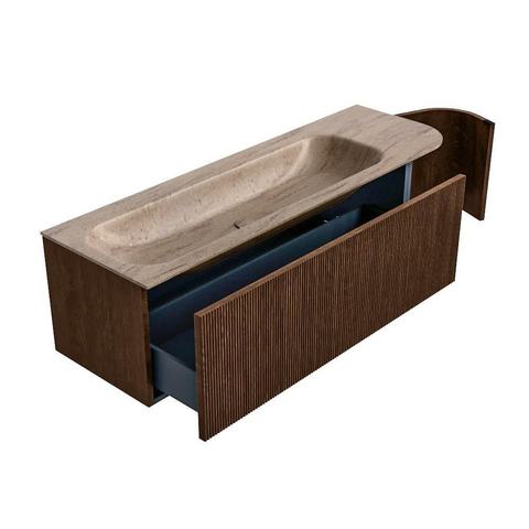 MONDIAZ KURVE-DLUX 145cm badmeubel ronding Rechts kleur Walnut met 1 lade en 1 deur. Wastafel BIG LARGE Links 2 kraangaten Saba. SW1433197
