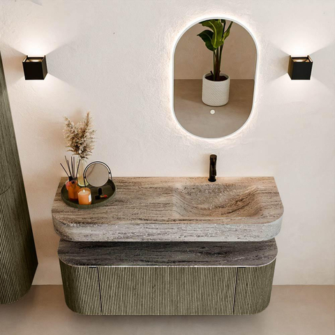 MONDIAZ THOR-DLUX 130cm meuble de salle de bains arrondi gauche + droite couleur Shadow avec 1 tiroir et 2 portes. Vasque suspendue CLOUD Droite 1 trou de robinet couleur Oza. SW1463991