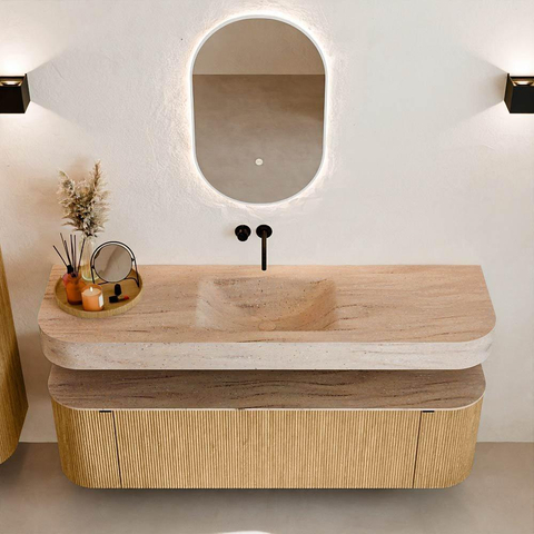 MONDIAZ THOR-DLUX 160cm meuble de salle de bains arrondi gauche + droite couleur Oak avec 1 tiroir et 2 portes. Vasque suspendue CLOUD Centre sans trou de robinet couleur Saba. SW1465325