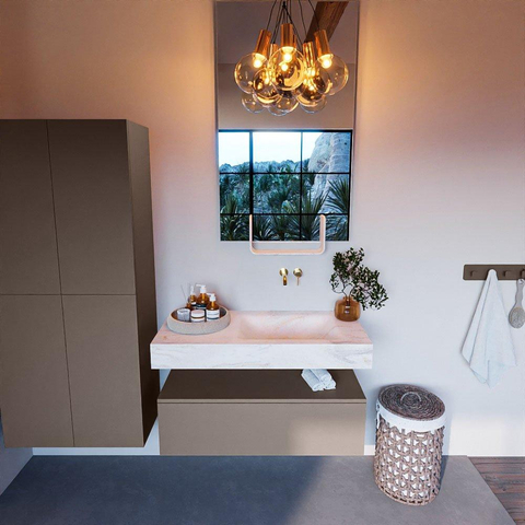 Mondiaz ALAN-DLUX Ensemble de meuble - 100cm - meuble Smoke mat - 1 tiroir - Lavabo Cloud Ostra suspendu - vasque Droite - 0 trous de robinet SW807293