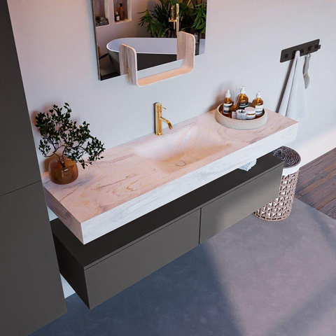 Mondiaz ALAN-DLUX Ensemble de meuble - 150cm - meuble Dark grey mat - 2 tiroirs - Lavabo Cloud Ostra suspendu - vasque Centre - 1 trou de robinet SW807136