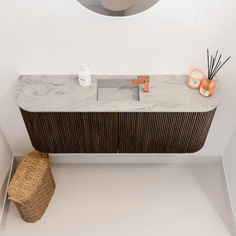 Mondiaz JOYA-DLUX 103.2cm toiletmeubel - ronding links en rechts kleur Walnut - Wastafel FAYE positie Midden 1 kraangat kleur Glace. SW1422411