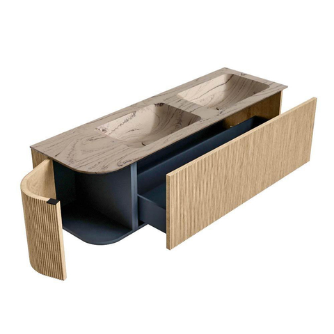 MONDIAZ KURVE-DLUX meuble de salle de bains 145cm arrondi à gauche couleur chêne avec 1 tiroir et 1 porte. Lavabo LEAF double / à droite 2 trous de robinet Arena. SW1431127