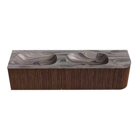 MONDIAZ KURVE-DLUX Meuble de salle de bains 175cm arrondi à droite couleur Walnut avec 2 tiroirs et 1 porte. Lavabo STOR SMALL Double / Gauche sans trou de robinet Sombra. SW1433716