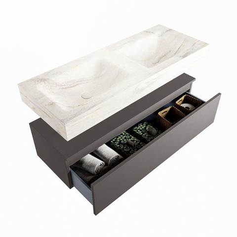 Mondiaz ALAN-DLUX Ensemble de meuble - 120cm - meuble Dark grey mat - 1 tiroir - Lavabo Cloud Ostra suspendu - vasque Gauche et droite - 2 trous de robinet SW807035